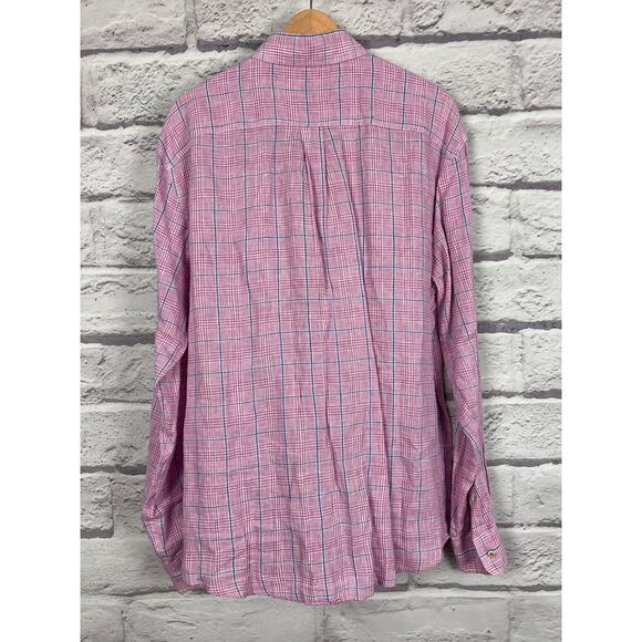 Johnnie-O Mens L Hangin Out Pink Plaid 100% Linen Coastal Resort Preppy Shirt‎ - Picture 3 of 10